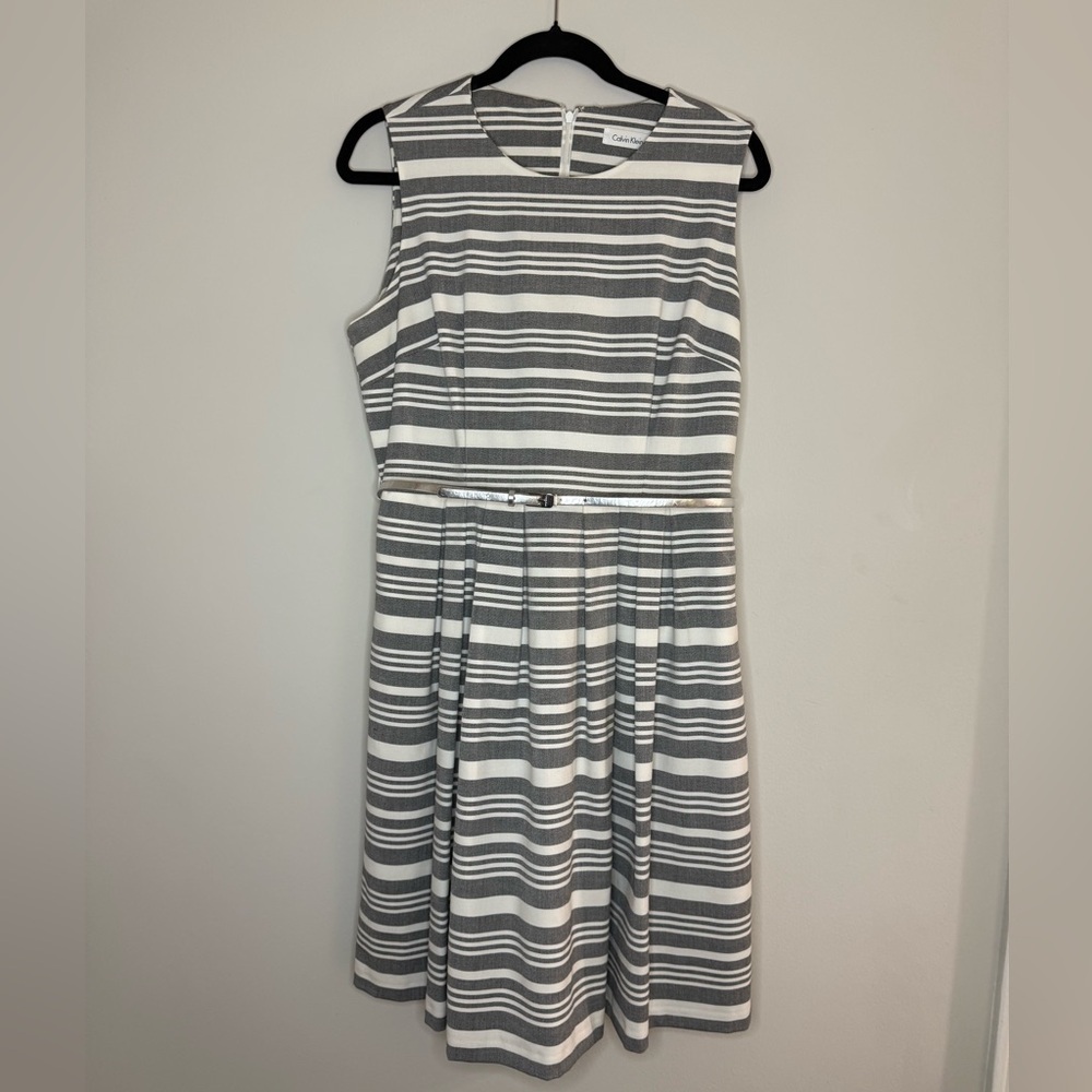 Calvin Klein Gray White Striped Sleeveless Fit & Flare Midi Dress with Belt